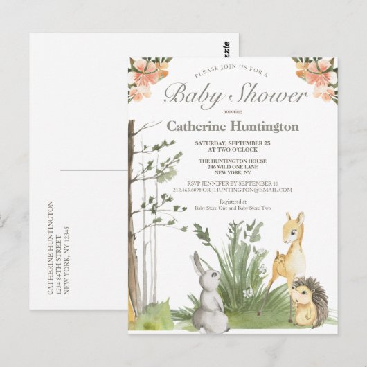 Cute Forest Woodland Animals Baby shower Briefkaar Briefkaart (Voorkant / Achterkant)