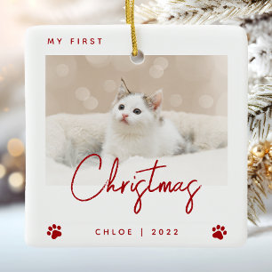 Cute fotokit kat 1ste kerstmis pootafdrukken rood keramisch ornament