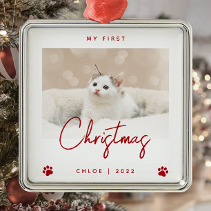 Cute fotokit kat 1ste kerstmis pootafdrukken rood metalen ornament