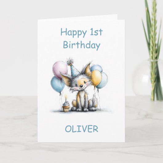 Cute Fox 1st Birthday Kaart (Voorkant)
