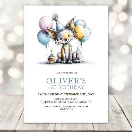 Cute Fox 1st Birthday Party Invitation Kaart