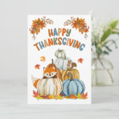 Cute Fox and Retro Pumpkins Happy Thanksgiving Ho Feestdagenkaart (Staand voorkant)