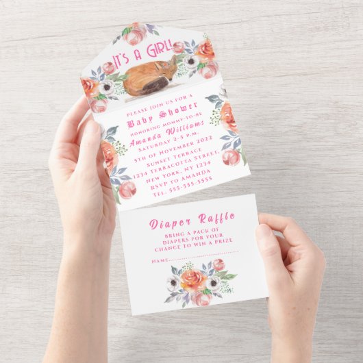 Cute Fox Animal Flowers Het is een meisje Baby sho All In One Uitnodiging (Afscheurbaar)