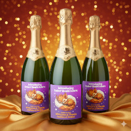 Cute Fox Asleep in Leaves Baby Shower Sparkling Wijnetiket