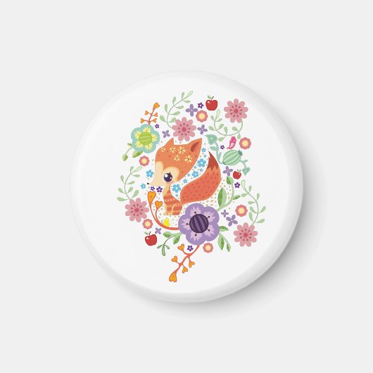 Cute Fox Baby Art Animal met Floral Magneet (Voorkant)