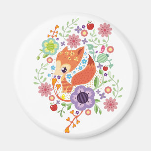Cute Fox Baby Art Animal met Floral Magneet
