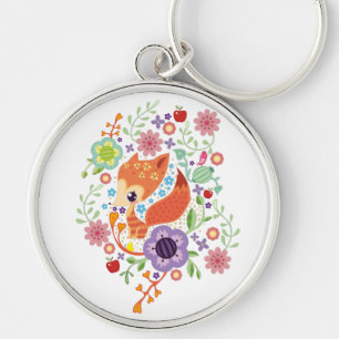 Cute Fox Baby Art Animal met Floral Sleutelhanger