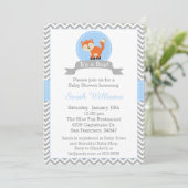 Cute Fox Baby shower Invitation in Blue en Grey Kaart (Staand voorkant)