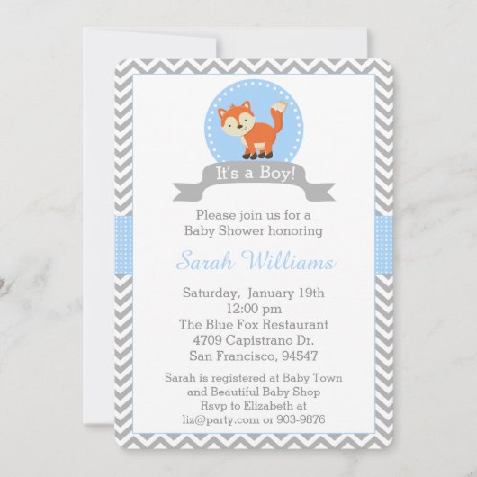 Cute Fox Baby shower Invitation in Blue en Grey Kaart (Voorkant)