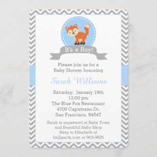 Cute Fox Baby shower Invitation in Blue en Grey Kaart