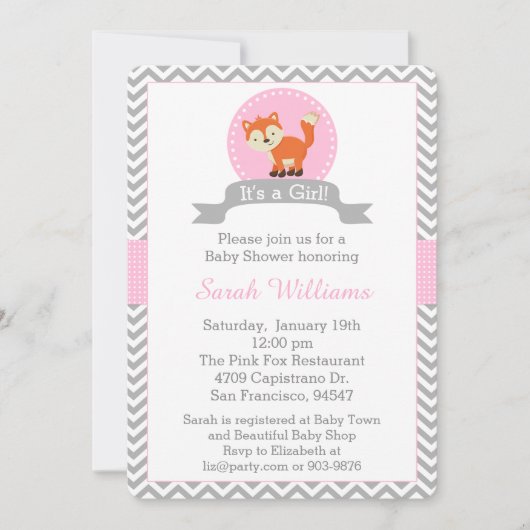 Cute Fox Baby shower Invitation in Pink and Grey Kaart (Voorkant)
