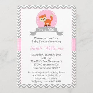 Cute Fox Baby shower Invitation in Pink and Grey Kaart
