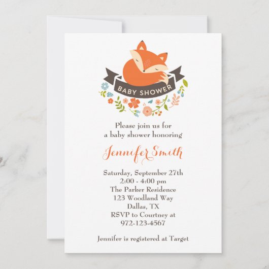 Cute Fox Baby shower Invitation Kaart (Voorkant)