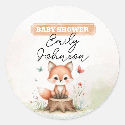 Cute fox baby shower  ronde sticker (Voorkant)