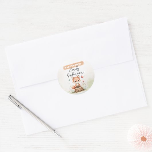Cute fox baby shower  ronde sticker (Envelop)