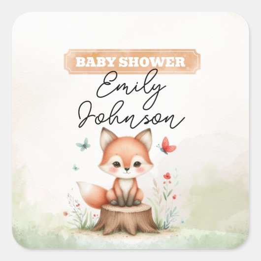 Cute fox baby shower  vierkante sticker (Voorkant)