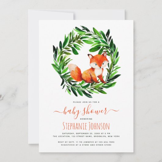 Cute Fox Baby shower Woodland Waterverf Greenery Kaart (Voorkant)