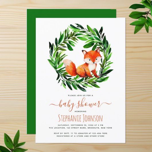 Cute Fox Baby shower Woodland Waterverf Greenery Kaart