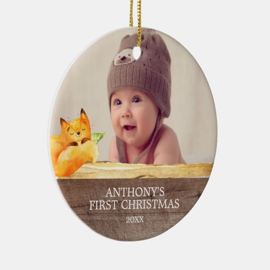 Cute Fox Baby's 1St. Fotokerstversiering Keramisch Ornament (Rechts)