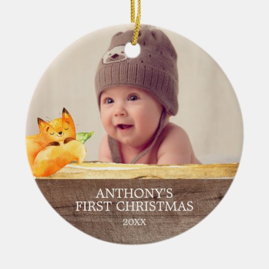 Cute Fox Baby's 1St. Fotokerstversiering Keramisch Ornament (Voorkant)