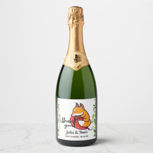 Cute Fox bedankt Baby Shower Sparkling Wijnetiket (Voorkant)