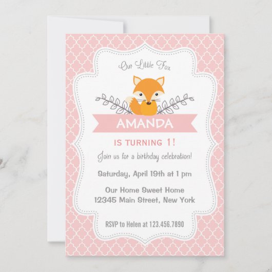 Cute Fox Birthday Invitation Pink Kaart (Voorkant)