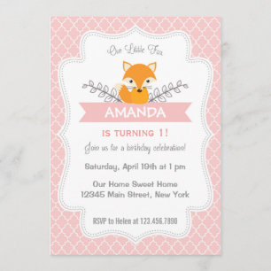 Cute Fox Birthday Invitation Pink Kaart