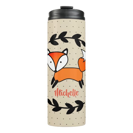Cute Fox & Black Laurels Polka gepersonaliseerd Thermosbeker (Voorkant)