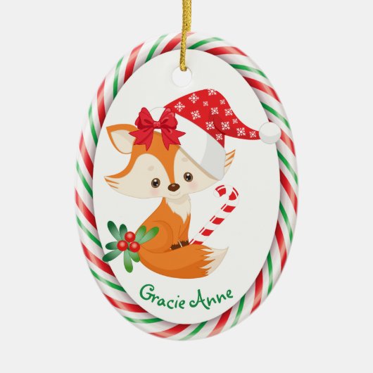 Cute Fox Candy Cane Lijst Keramisch Ornament (Voorkant)