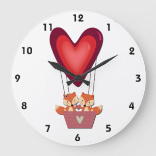 Cute Fox Couple in Heart Air Ballon Grote Klok