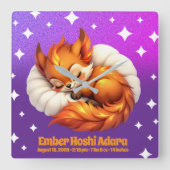 Cute Fox Cub Asleep in Starry Night Sky Natal Vierkante Klok (Voorkant)