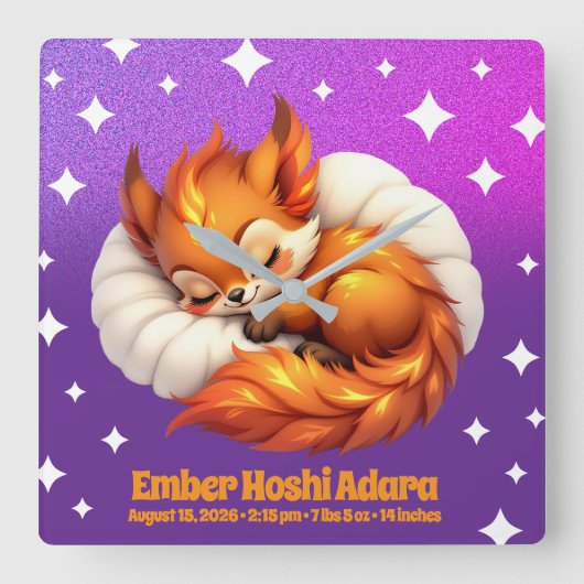 Cute Fox Cub Asleep in Starry Night Sky Natal Vierkante Klok (Voorkant)