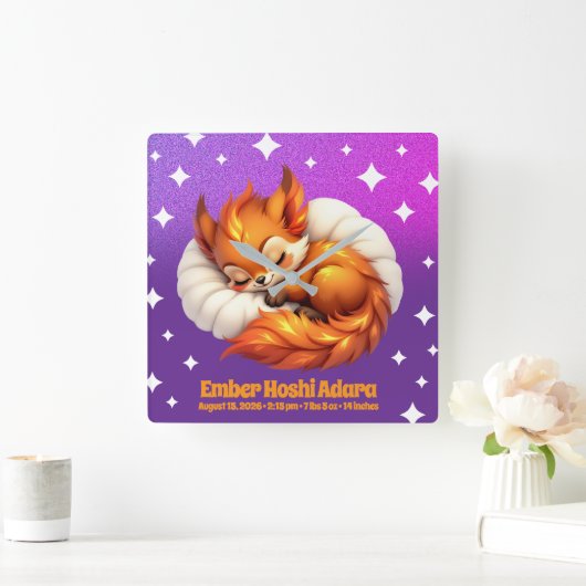 Cute Fox Cub Asleep in Starry Night Sky Natal Vierkante Klok (Huis)