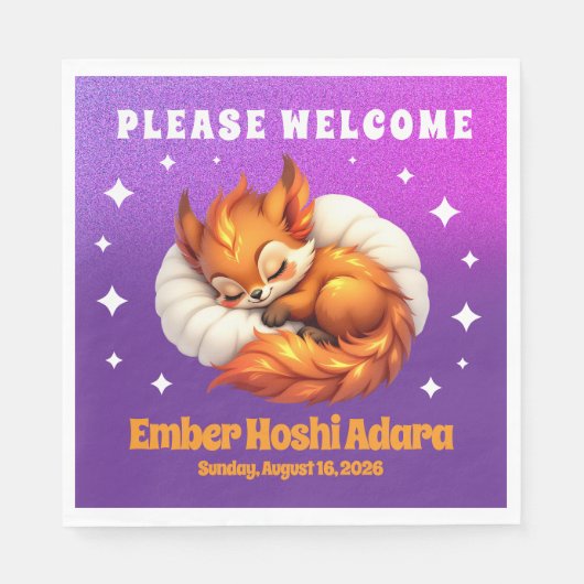 Cute Fox Cub Asleep in Starry Night Sky Servet (Voorkant)