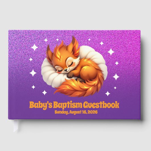 Cute Fox Cub Asleep in Starry Sky Baptism Gastenboek (Voorkant)