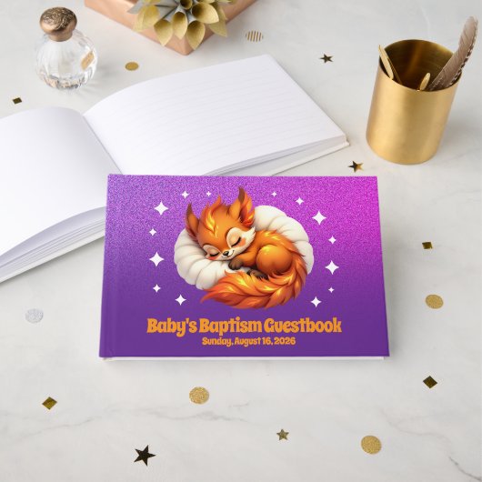 Cute Fox Cub Asleep in Starry Sky Baptism Gastenboek (Voorkant open)