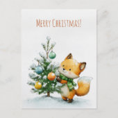 Cute fox decorating a small Christmas tree,  Briefkaart (Voorkant)