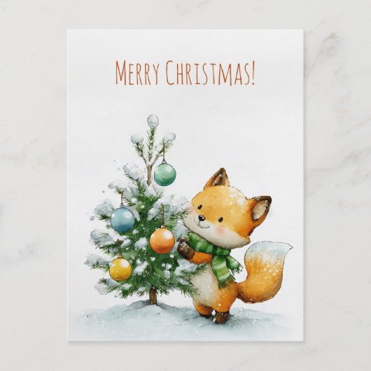 Cute fox decorating a small Christmas tree,  Briefkaart (Voorkant)