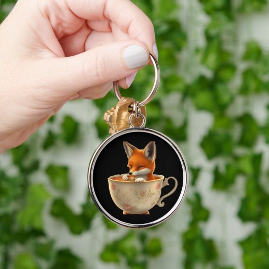 Cute Fox Drinking Tea on Groomsmen Gift Sleutelhanger (Hand)