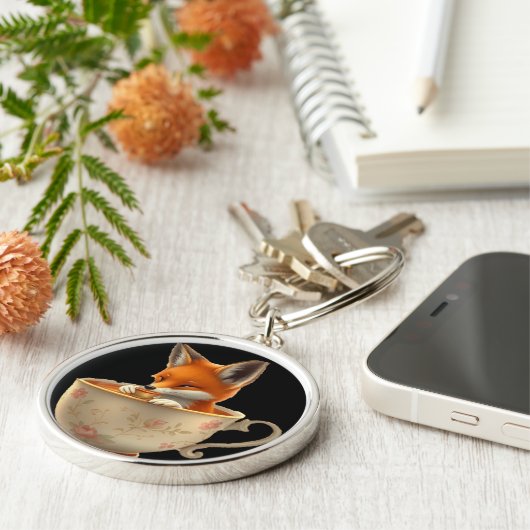 Cute Fox Drinking Tea on Keychain (Zijkant)