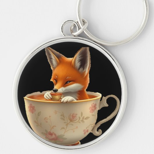 Cute Fox Drinking Tea on Keychain (Voorkant)