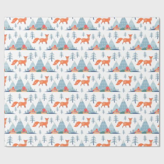 Cute Fox en Mountains Pattern Illustration Cadeaupapier (Vlak)