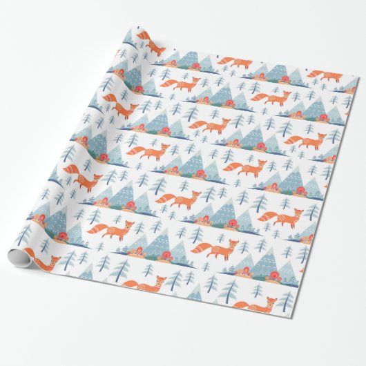 Cute Fox en Mountains Pattern Illustration Cadeaupapier (Uitgerold)