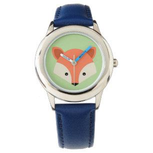Cute Fox Face on Green Background Horloge
