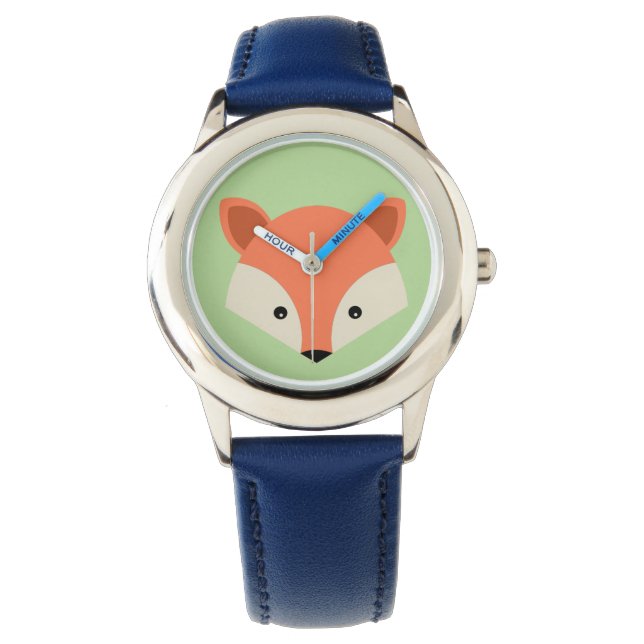 Cute Fox Face on Green Background Horloge (Voorkant)