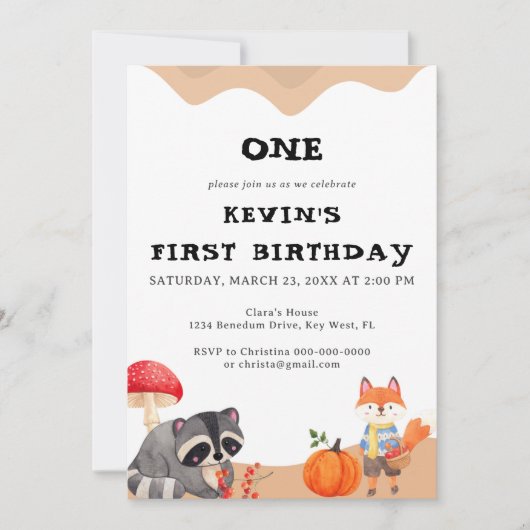 Cute Fox First Birthday Invitation Kaart (Voorkant)