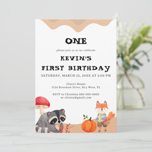 Cute Fox First Birthday Invitation Kaart (Staand voorkant)