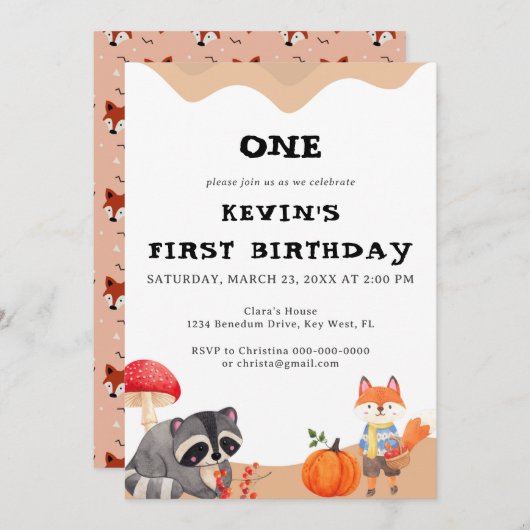 Cute Fox First Birthday Invitation Kaart (Voorkant / Achterkant)