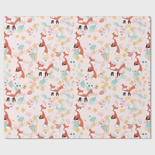 Cute Fox Floral Pink Design Cadeaupapier (Vlak)