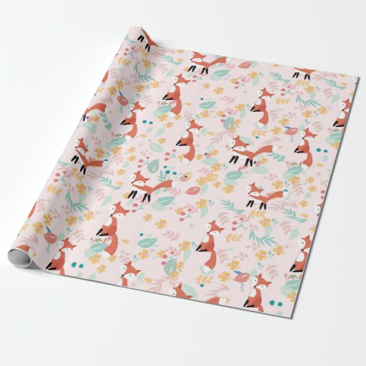 Cute Fox Floral Pink Design Cadeaupapier (Uitgerold)